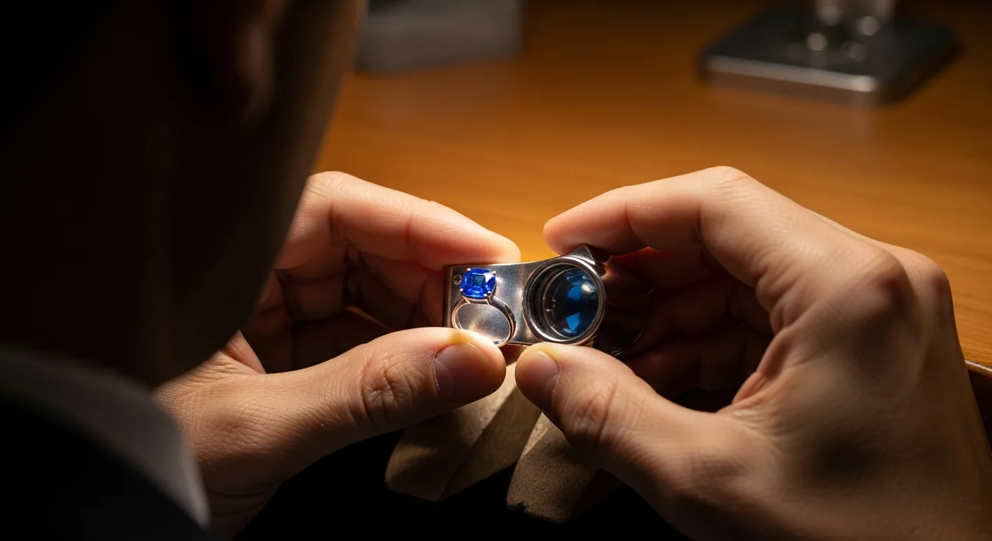Gemmologue examinant une bague saphir à la loupe